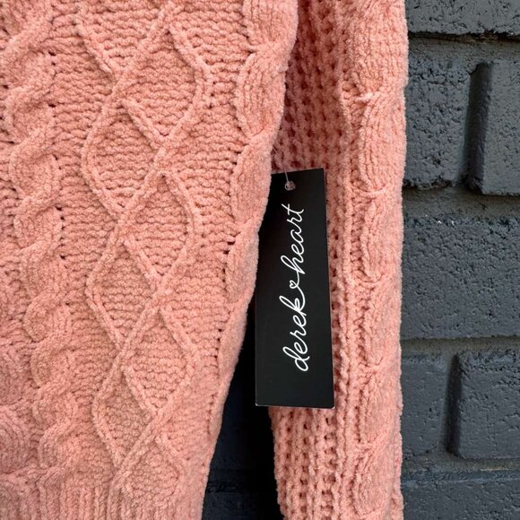 Derek Heart Chunky Chenille Cable Knit Cardigan Sweater Hooded S Coral Button Up - Picture 13 of 15